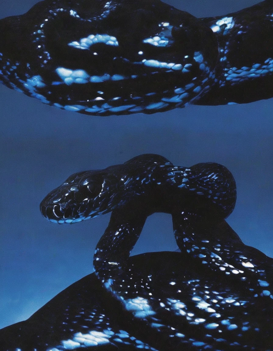 black snakes in sea at night, blue background