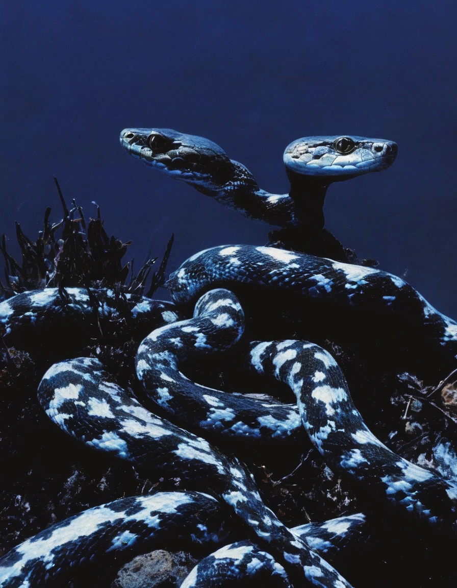  black snakes in sea at night, blue background