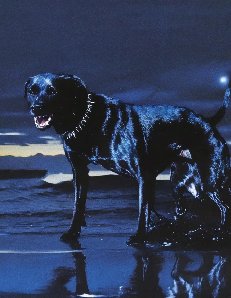  black dog on beach at night, blue background