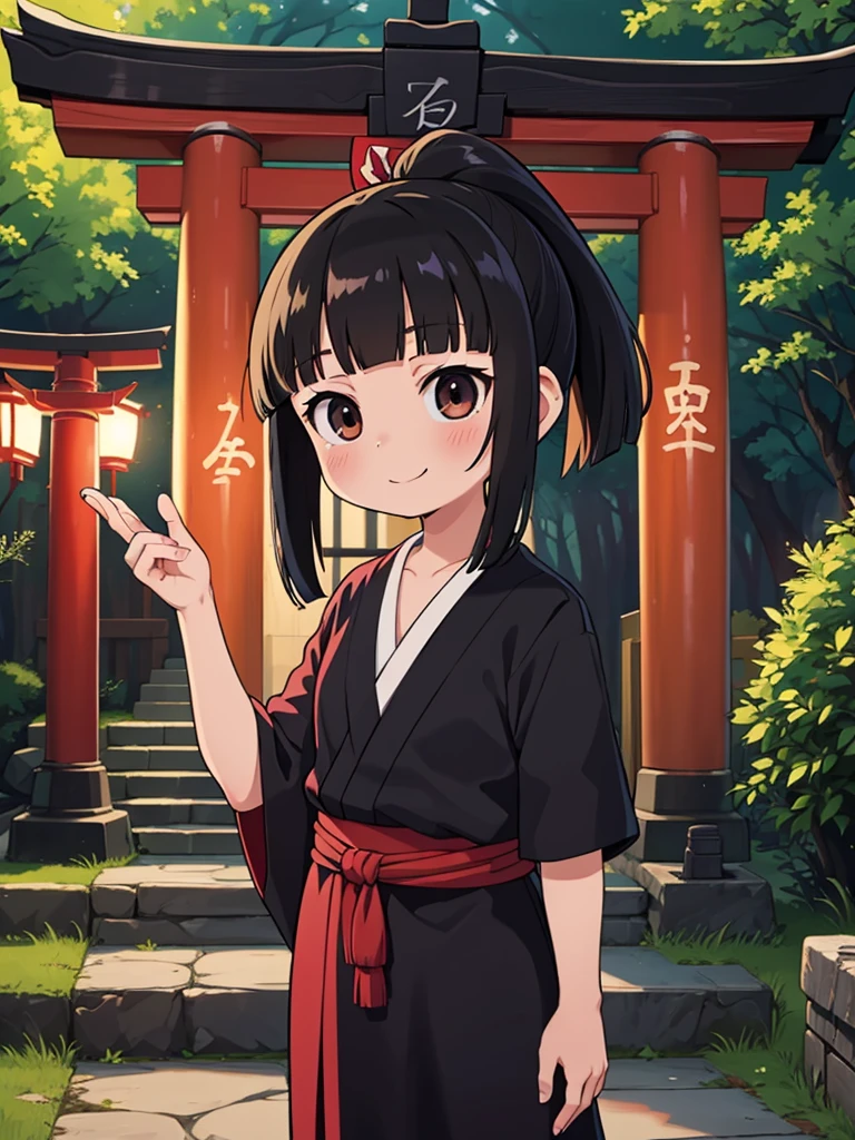 masutepiece, ultra-detailliert, best quality, at night, little smile, a lot of fireflies, Shrine maiden, shrine, Deep forest, Stone torii gate, Black Hair, long hair, (Blunt Bangs:1.6), Hair tied in a ponytail, black eyes, Juozhen, White Fox,