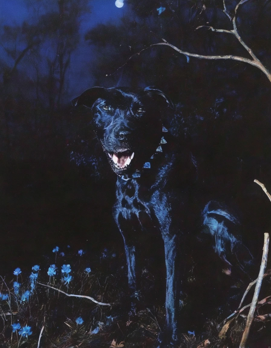 black dog in forest at night, blue background