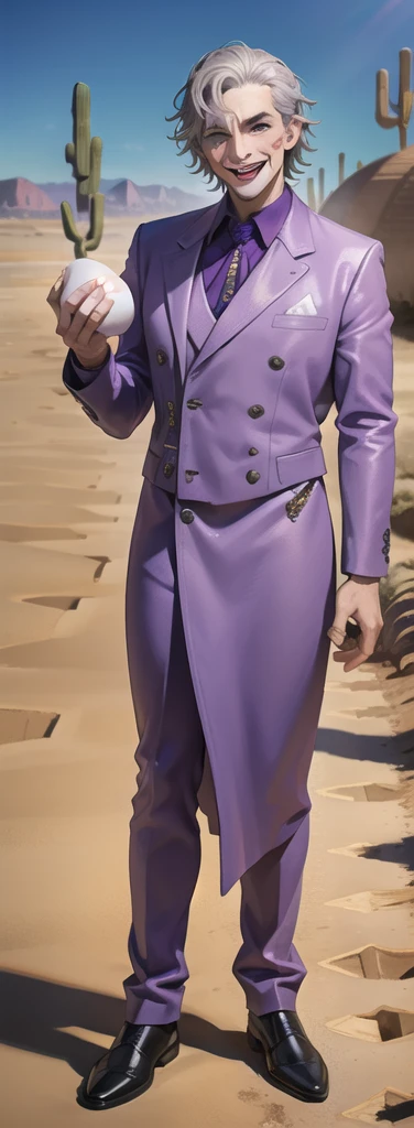 Portrait of a man in his 40s、standing、silver hair、the joker、purple dress , smile open mouth , Long body、 full body、(desert:1.5)、Hand holding a large egg