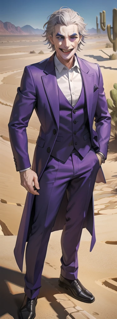 Portrait of a man in his 40s、standing、silver hair、the joker、purple dress , smile open mouth , Long body、 full body、(desert:1.5)、Hand holding a large egg