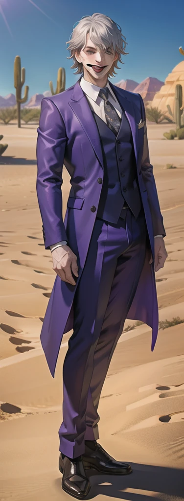 Portrait of a man in his 40s、standing、silver hair、the joker、purple dress , smile open mouth , Long body、 full body、(desert:1.5)、Hand holding a large egg