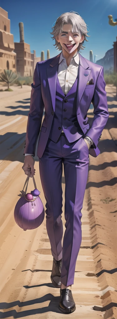 Portrait of a man in his 40s、standing、silver hair、the joker、purple dress , smile open mouth , Long body、 full body、(desert:1.5)、Hand holding a large egg