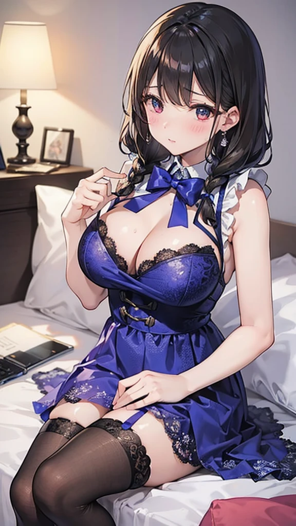 charm,Sexy,Married Woman,Side braids,black hair,blush,Shy,Lipstick,Wear earrings on one side,stockings,Large Breasts,cleavage,Cleavage,bedroom,It was dark all around,Sweat,Blue lace,Blue lace,Blue lace手套,bite