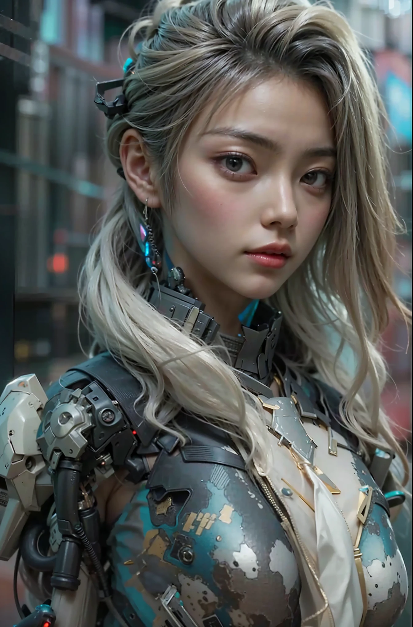 Dystopian night scene, very intricate details, Japanese woman wearing model-like armor, beautiful face, legs, cylinders that look like muscles, pose in motion, 8k, ultra high resolution, super realism, realistic photo, taken with Fuji film X-T30.+Nokton. HDR10