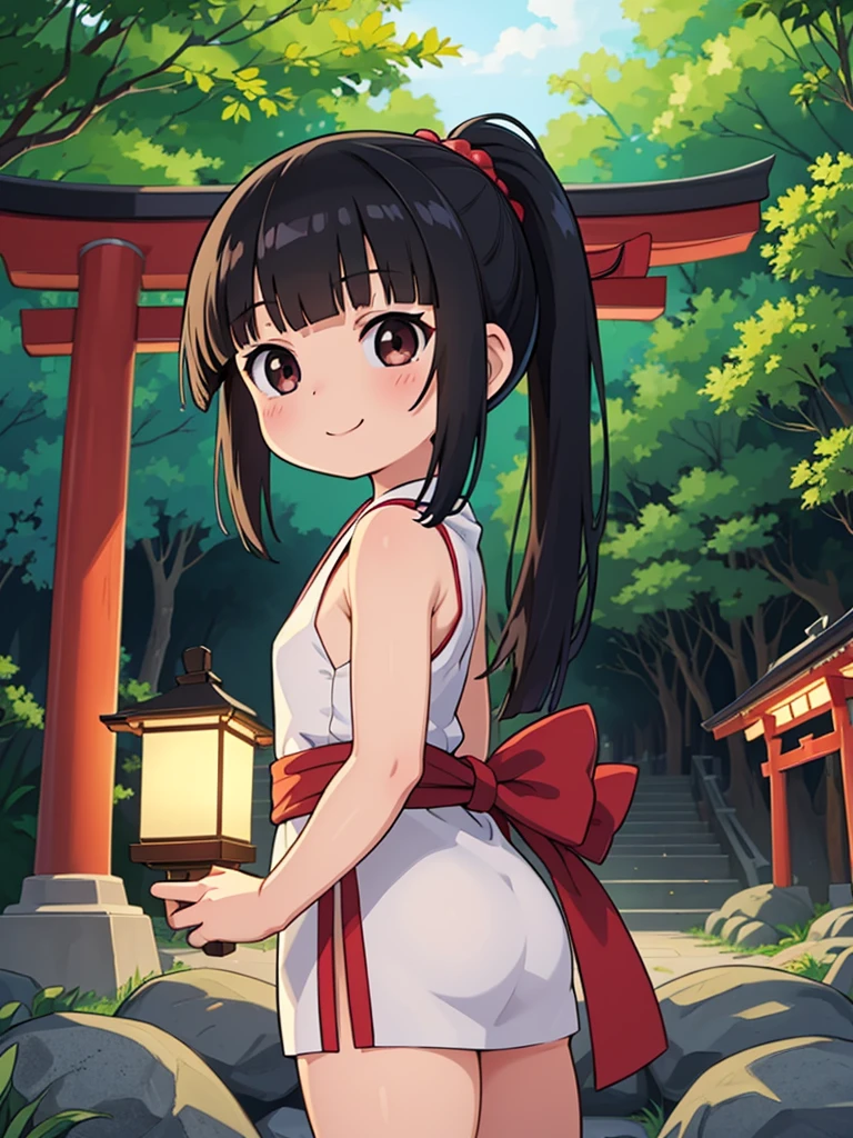 masutepiece, ultra-detailliert, best quality, at night, little smile, a lot of fireflies, Shrine maiden, shrine, Deep forest, Stone torii gate, Black Hair, long hair, (Blunt Bangs:1.6), Hair tied in a ponytail, black eyes, Juozhen, White Fox,