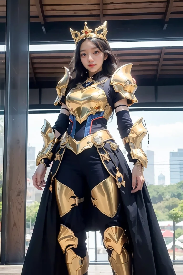 A woman adorned in fantasy-style full-body armor, a crown-concept fully enclosed helmet that unveils only her eyes, a composite layered chest plate, fully encompassing shoulder and hand guards, a lightweight waist armor, form-fitting shin guards, the overall design is heavy-duty yet flexible, ((the armor gleams with a golden glow, complemented by red and blue accents)), exhibiting a noble aura, she floats above a fantasy-surreal high-tech city, this character embodies a finely crafted fantasy-surreal style armored hero in anime style, exquisite and mature manga art style, (Queen bee mixed with Spider concept Armor), ((Nordic, elegant, goddess, femminine:1.5)), metallic, high definition, best quality, highres, ultra-detailed, ultra-fine painting, extremely delicate, professional, anatomically correct, symmetrical face, extremely detailed eyes and face, high quality eyes, creativity, RAW photo, UHD, 32k, Natural light, cinematic lighting, masterpiece-anatomy-perfect, masterpiece:1.5