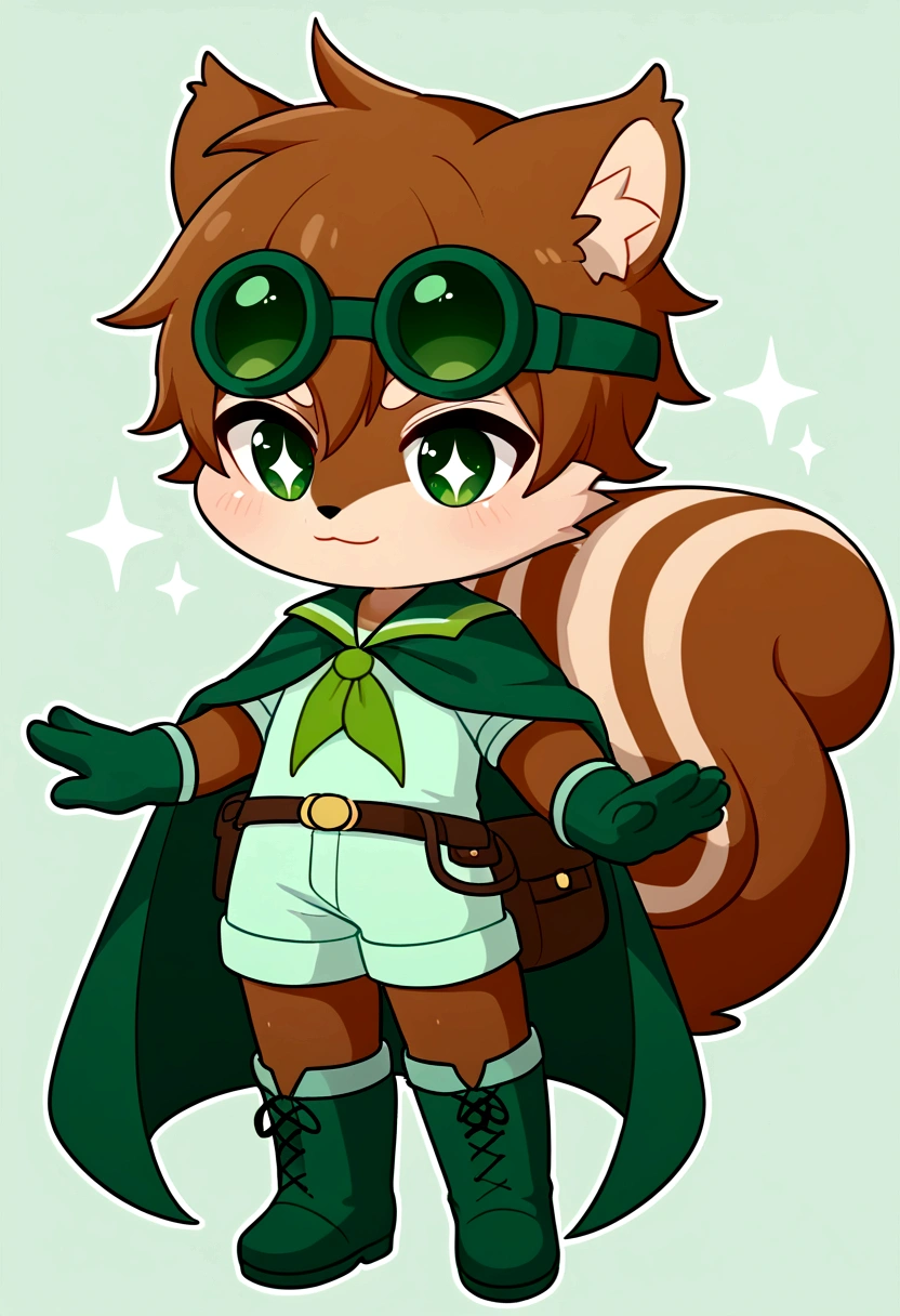 boy, squirrel, furry, bodyfur, tail, green goggles, green collar, green bra, bottomless, green gloves, green boots, chibi, sparkling eyes, green headphones, small penis, testicles, pokemon
