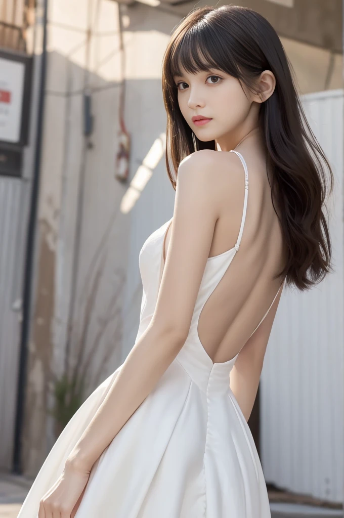 (highres:1.2,ultra-detailed:1.1)1 female, very thin and willowy body, long and slender legs, (black short hair with thick and fluffy bangs), highly detailed face, cosmetics free, small and thin nose, small thin mouth, very sharp focused eyes, Japanese, beautiful face, realistic eyes, fine and beautiful eyes, real looking skin, white and black Ball gown,(arched_back)