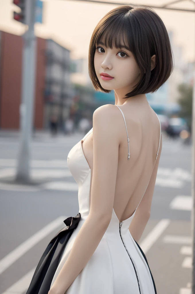 (highres:1.2,ultra-detailed:1.1)1 female, very thin and willowy body, long and slender legs, (black short hair with thick and fluffy bangs), highly detailed face, cosmetics free, small and thin nose, small thin mouth, very sharp focused eyes, Japanese, beautiful face, realistic eyes, fine and beautiful eyes, real looking skin, white and black Ball gown,(arched_back)