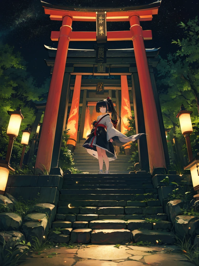 masutepiece, ultra-detailliert, best quality, at night, little smile, a lot of fireflies, Shrine maiden, shrine, Deep forest, Stone torii gate, Black Hair, long hair, (Blunt Bangs:1.6), Hair tied in a ponytail, black eyes, Juozhen, White Fox,