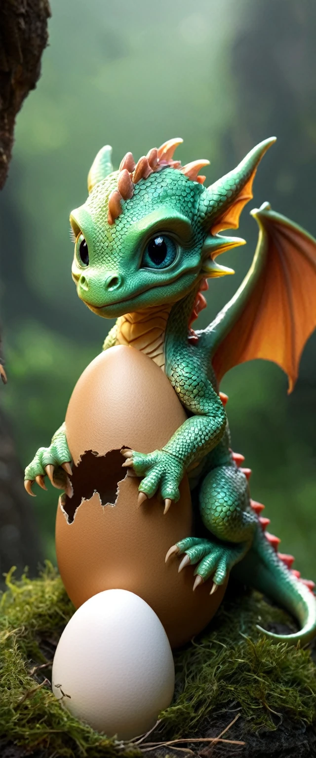 Baby dragon raises its small head from the egg, 