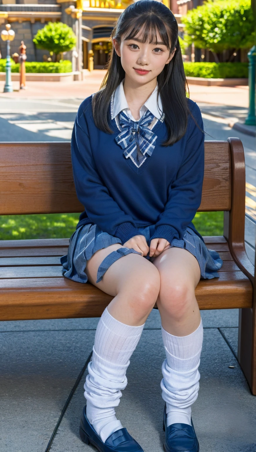 (photorealistic:1.4), best quality, masterpiece, raw 32k photo, (extremely detailed japanese beautiful girl), (extremely detailed eyes:1.2),(baby face), (cute face:1.2), ultra-detailed, ultra high res, amazing, BREAK,sitting,
(school uniform:1.5),detailed school girl, (disneyland:1.4), beautiful detailed girl, bangs, cute face, miniskirt,loafers,(baggysocks)