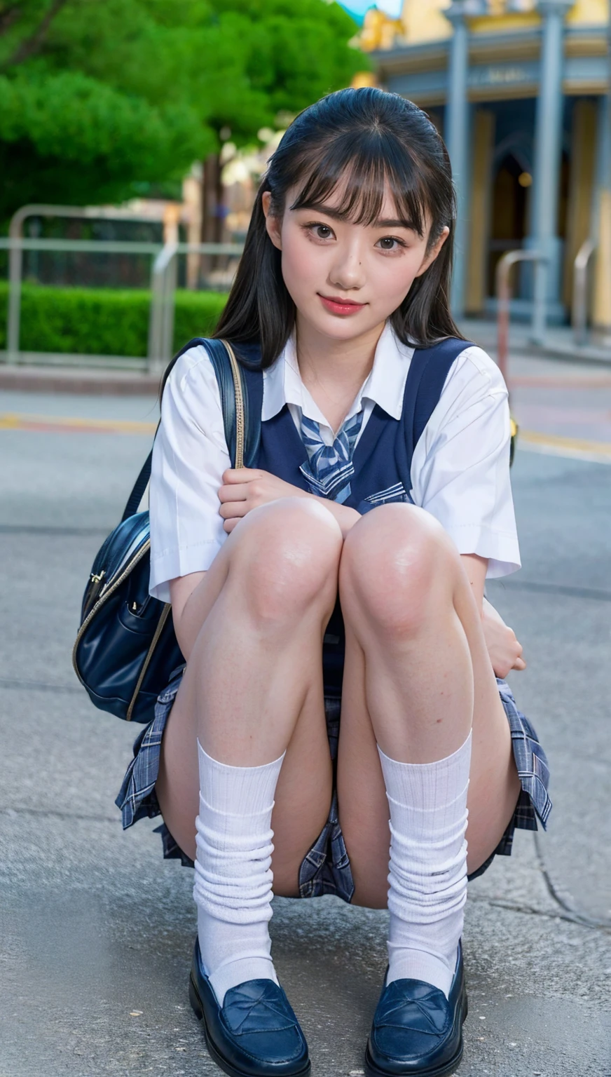 (photorealistic:1.4), best quality, masterpiece, raw 32k photo, (extremely detailed japanese beautiful girl), (extremely detailed eyes:1.2),(baby face), (cute face:1.2), ultra-detailed, ultra high res, amazing, BREAK,sitting,
(school uniform:1.5),detailed school girl, (disneyland:1.4), beautiful detailed girl, bangs, cute face, miniskirt,loafers,(baggysocks)