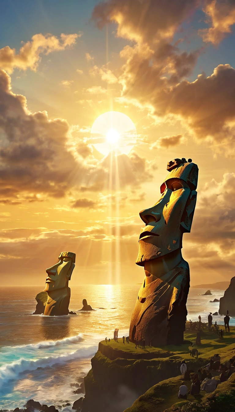 Very beautiful photo of the giant gold Easter Island Moai statues, On the shores of the Pacific Ocean, sunset, Candlelight is on, Dramatic lighting, Expand the wind, Nice views, Beautiful sky, Spectacular full moon, Spiritual environment.A dazzling light that paints everything in gold、god々area、Digital Art, The clouds clear and the shining sun appears, On Ascension Day，Golden Sun、Sky City、god々Utopian、There is one relic。Lens flare、Angel Ladder、Super Detail，Highest quality，masterpiece，（8k)，Very detailed，A wonderful work of art，The picture is clear，Golden light on background