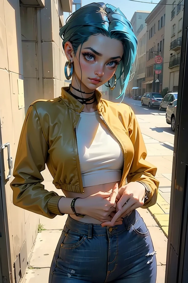 Goddess ((goddess-like woman)), slim elegant silhouette, masterpiece, (close angle), best quality, pale skin, fair skin, sweet face, (masterpiece:1,2, best quality), (real picture, intricate details), (1 lady , solo, medium tits, slim waistline, ), ((Jinx/LOL)), a woman short hair, darkblue hair, brown eyes, she has an impressive presence., short hair, bracelet, hoop earrings, jewelry, beautiful face, beautiful eyes, she looks at the viewer, She is wearing a golden sport BH and a jeans, a green Jacket, sweet irresistible smile, elegant pose, elegant hands, beautiful hands, perfect fingers, background: background: city, streets, park, She walks towards the viewer