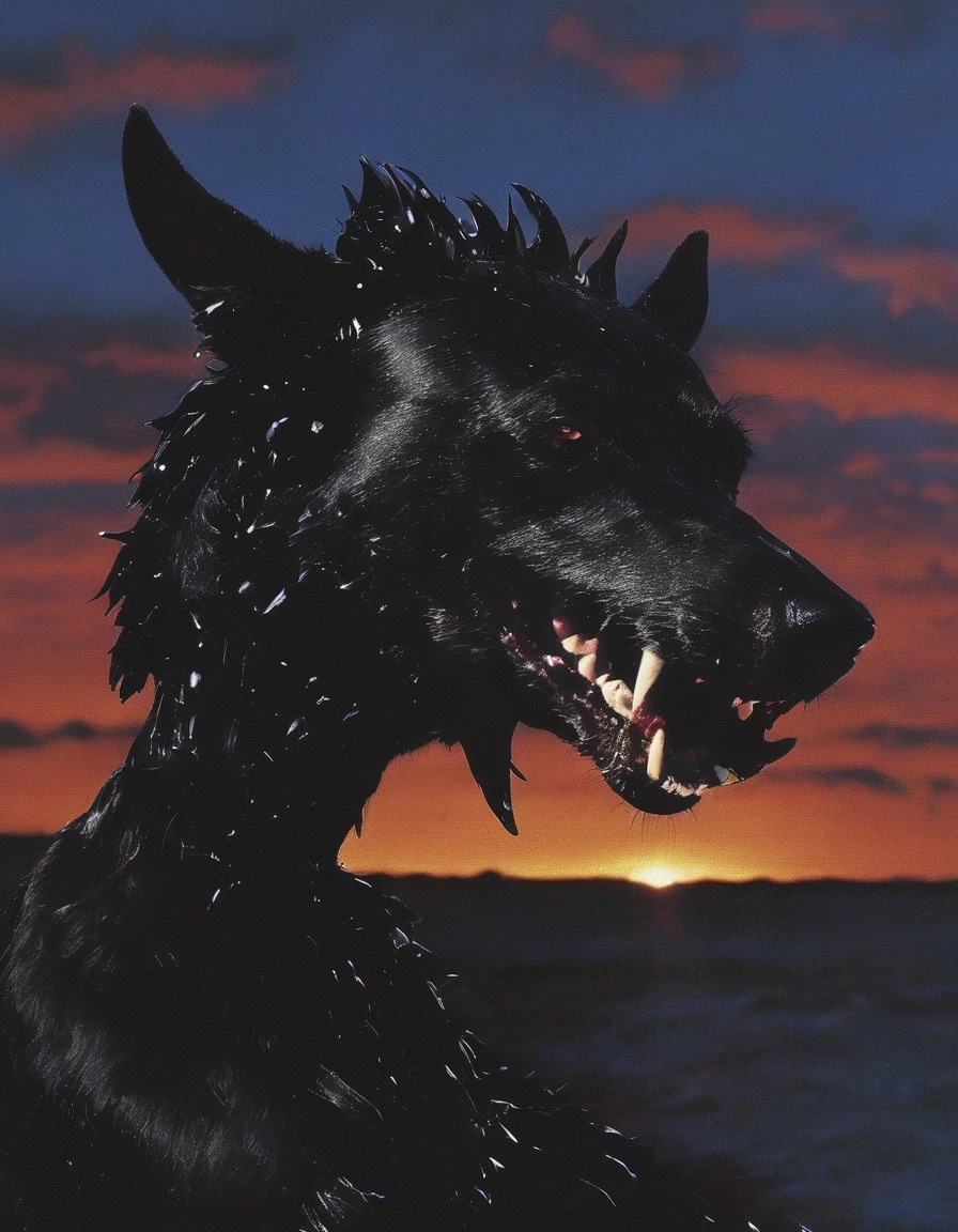 fashion shoot of black dog with giant teeths all over head, sunrise background