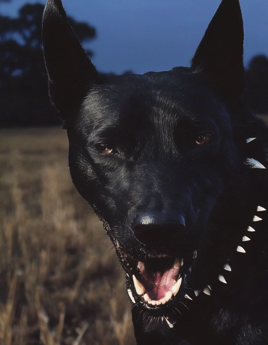 fashion shoot of black dog with giant teeths all over head, sunrise background