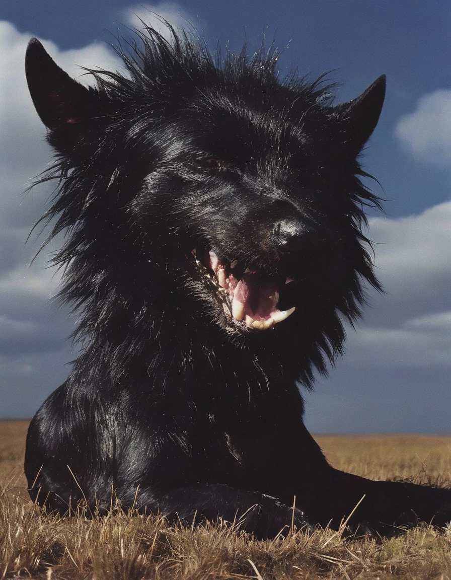 fashion shoot of black dog with giant teeths all over head, sunrise background