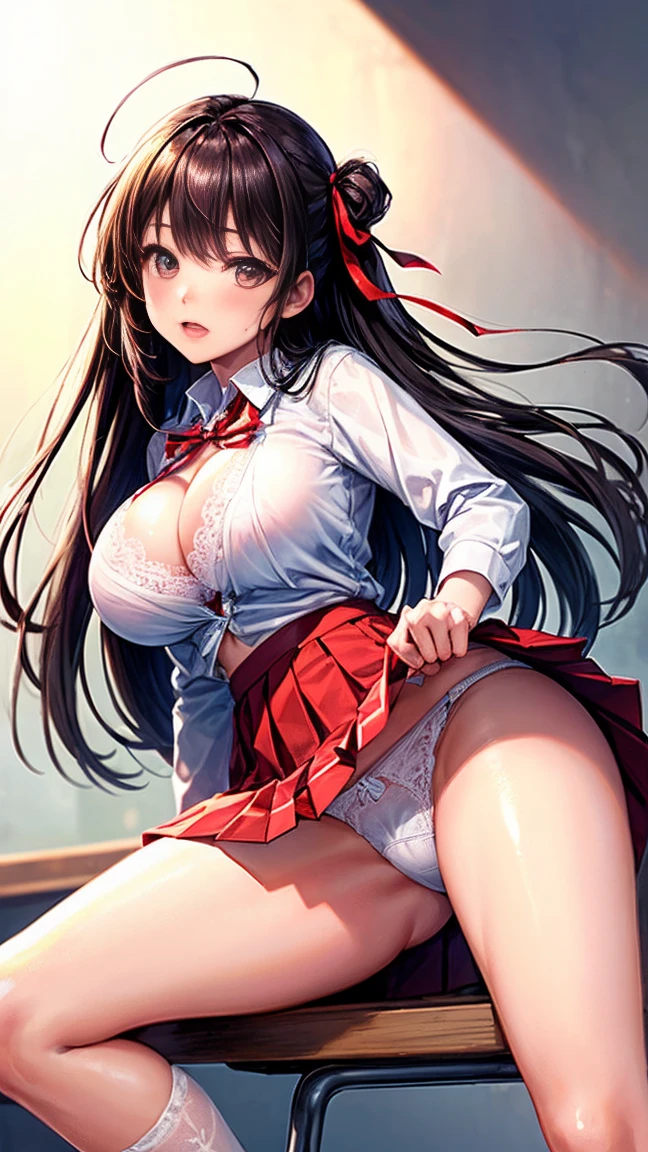 ((Highest quality:1.5)),Highest quality,One girl,whole body,((Big Breasts:1.5)),orgasm,blush, Sweat,Golden Eyes,Black Hair,((Long Hair:1.3)),Straight hair,Hair Ribbon, Both sides up,((White shirt,Pleated skirt,Red Skirt:1.3)),White knee socks,classroom,((Open shirt,Open clothes,White bra,Lace bra,Panty shot,Under the skirt,Lift up your skirt,White panties,Lace panties:1.1)),Spread your legs