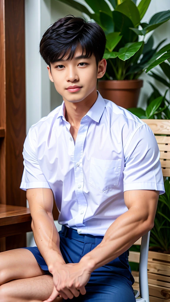 Masterpiece, best quality, High quality, วอลล์เปเปอร์ CG unity 8k ที่มีvery detailed, depth of field, HDR,,photorealistic,very detailed, 1 man sitting on a chair, Asia, black short hair, , (Thai , white shirt), blue cargo shorts, chest muscles, Big arm muscles, blood vessel, big muscles, Broad shoulders, looking at the audience, Balancing the eyes, (Make eye contact) (In a modern classroom:1.3)