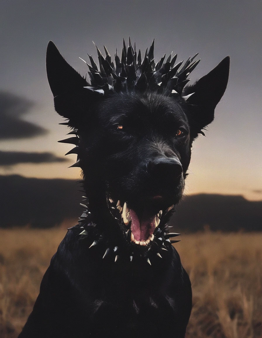fashion shoot of black monster dog with spikes all over head, sunrise background