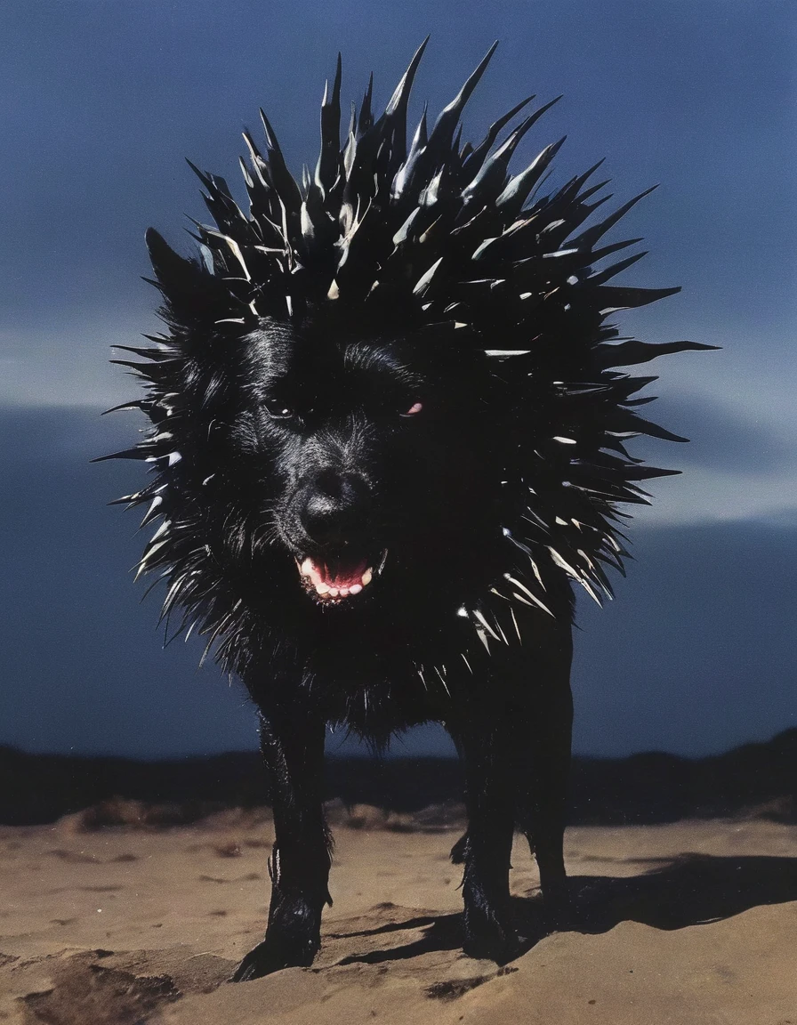 fashion shoot of black monster dog with spikes all over head, sunrise background