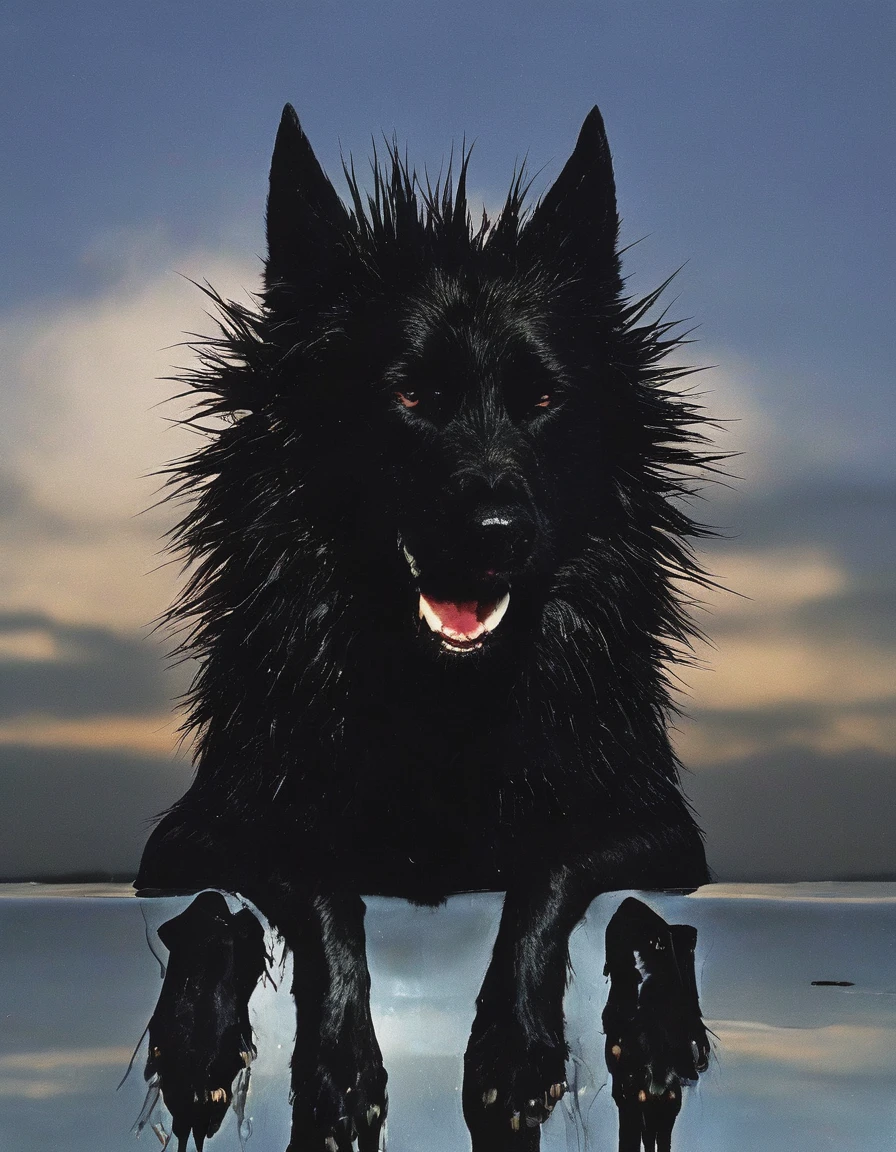 fashion shoot of black monster dog with spikes all over head, sunrise background