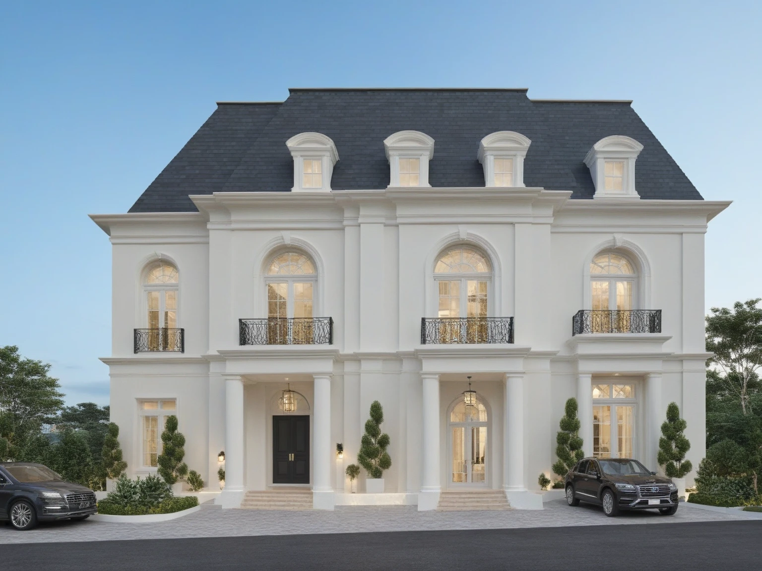 Architectural style Architectural style,  ((Classic Style House)),(masterpiece) , ((best quality)), dramatic lighting, high quality outdoors, sky, day, cloud, tree, blue sky, building, scenery, road, real world location,  sunlight, enough detail, high resolution,super realistic, Photorealistic, highly detailed, balcony, plants, door, car, truck, parking slot, paving, . Clean lines, architectural drawing, highly detailed  , . Clean lines, geometric shapes, minimalist, modern, architectural drawing, highly detailed