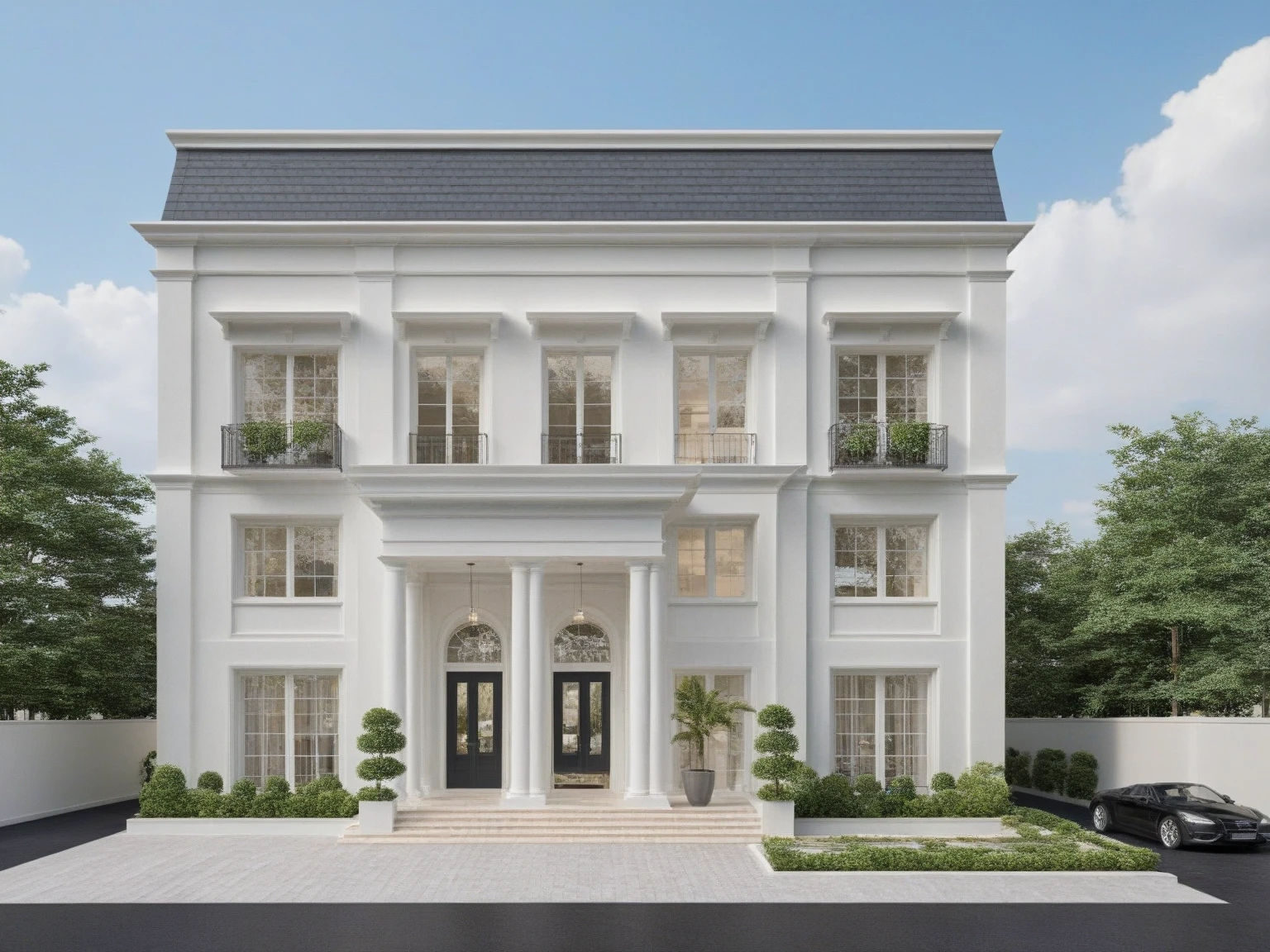 Architectural style Architectural style, ((Classic Style House)),(masterpiece) , ((best quality)), dramatic lighting, high quality outdoors, sky, day, cloud, tree, blue sky, building, scenery, road, real world location, sunlight, enough detail, high resolution,super realistic, Photorealistic, highly detailed, balcony, plants, door, car, truck, parking slot, paving, . Clean lines, architectural drawing, highly detailed , . Clean lines, geometric shapes, minimalist, modern, architectural drawing, highly detailed