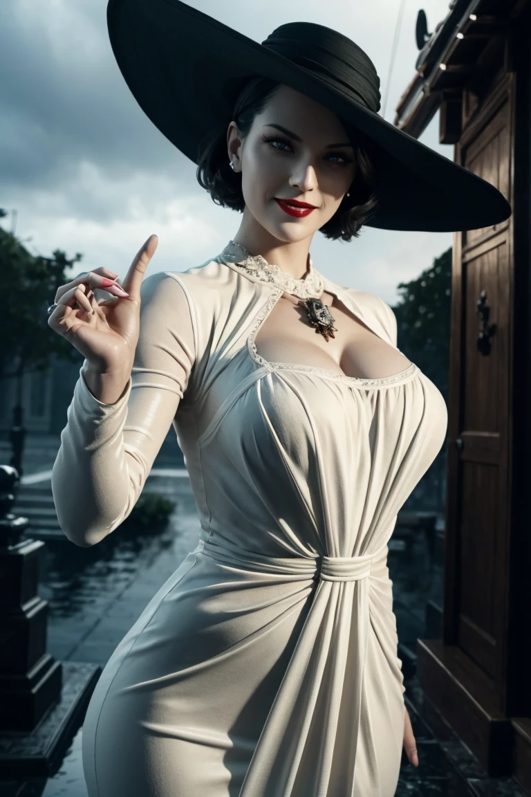 Resident Evil 8,Madame Dumitrescu,Short Hair,Pure white skin,Golden eyes,tall,White long dress,Black hat, black rose brooch,Photorealistic,Ultra HD,high quality,masterpiece,Digital SLR,Detailed details,Intricate details,Anatomical basis,Depicted in detail,A detailed face,Realistic skin texture,Vivid details,Perfect Anatomy,Perfect Anatomy,Anatomically correct hand,Anatomically correct fingers,Super Detail,Complex 3D rendering,Sexy pose,Rainy Sky,Beautiful scenery,Fantastic rainy sky,Picturesque,Red Lip,smile,