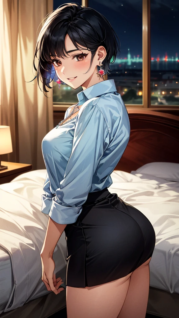 (masterpiece:1.3, Highest quality, Ultra-high resolution, Super detailed), (Realistic, photoRealistic:1.4), Beautiful illustrations, Perfect lighting, colorful, Depth of written boundary, Beautiful detailed hair, Beautifully detailed face, Beautiful fine details, Beautiful clavicle, Beautiful body, 美しいLarge Breasts, Beautiful thighs, Beautiful feet, Beautiful fingers, View Viewer、Front view:0.6, Beauty1人, Japanese, Beauty、30 years old, Perfect Face, (Perfect Anatomy, Anatomically correct), Cute and symmetrical face, Baby Face, , Shiny skin, ((Light blue shirt:1.4)), ((skirt:1.5))、 (Black Hair, Short Hair:1.4), Dark brown eyes, Droopy eyes、Large Breasts, Slim body, necklace, (Small earrings:1.3), (Beautiful views), (night), (Hotel room、bed), (bedに寝ている), A soft smile、(Smile, Lips parted),