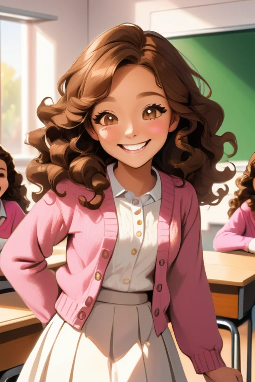 A beautiful young student girl smiling, wide grin, long brown curls, light brown eyes, white skirt, pink cardigan, in a classroom