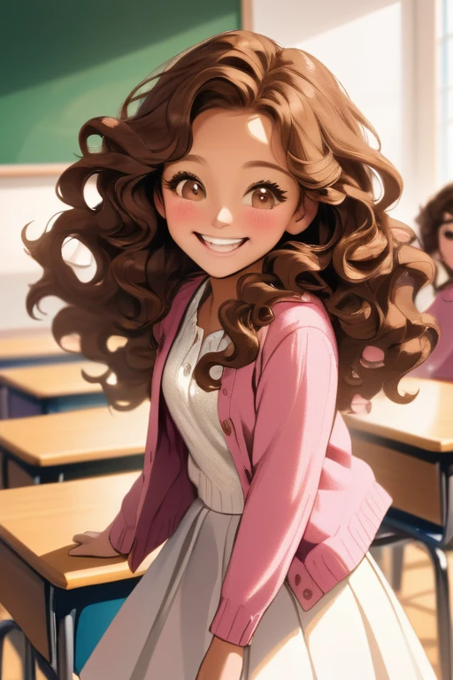 A beautiful young student girl smiling, wide grin, long brown curls, light brown eyes, white skirt, pink cardigan, in a classroom