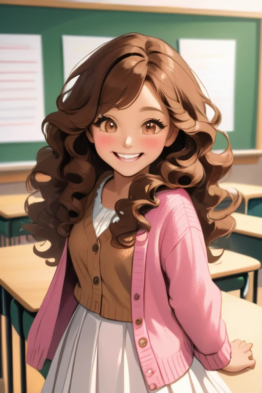 A beautiful young student girl smiling, wide grin, long brown curls, light brown eyes, white skirt, pink cardigan, in a classroom