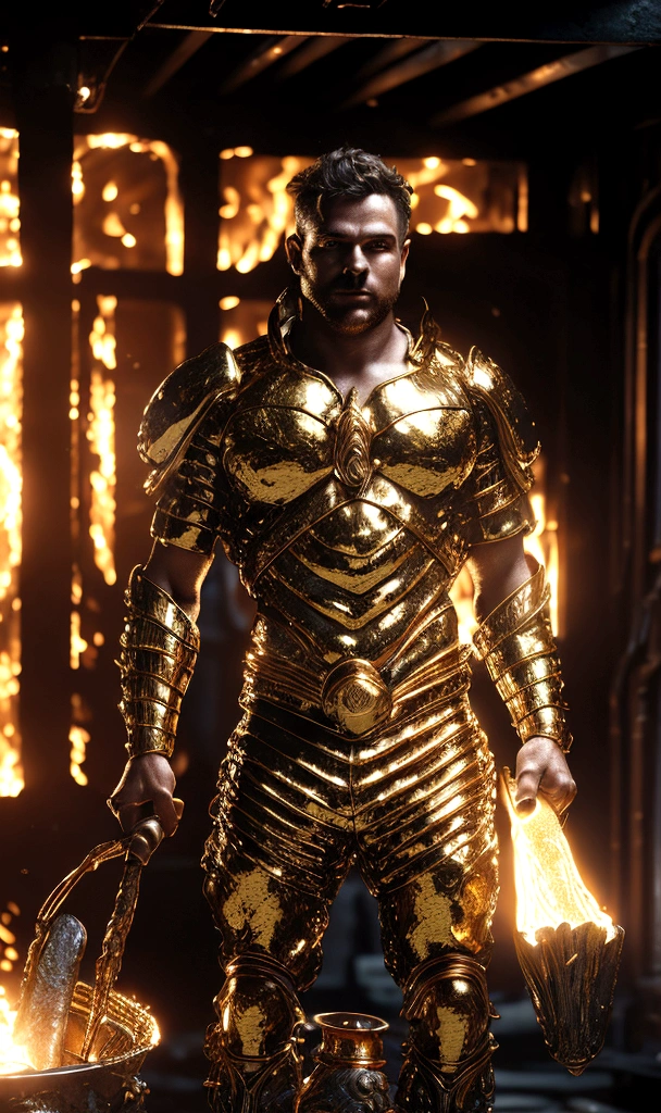 detailed golden forge, glowing molten metal, intense flames, muscular blacksmith, fire hair, sweat glistening, dynamic movement, intricate details, rich color palette, dramatic lighting, cinematic composition, award winning digital art, concept art, octane render, unreal engine, 8k, photorealistic