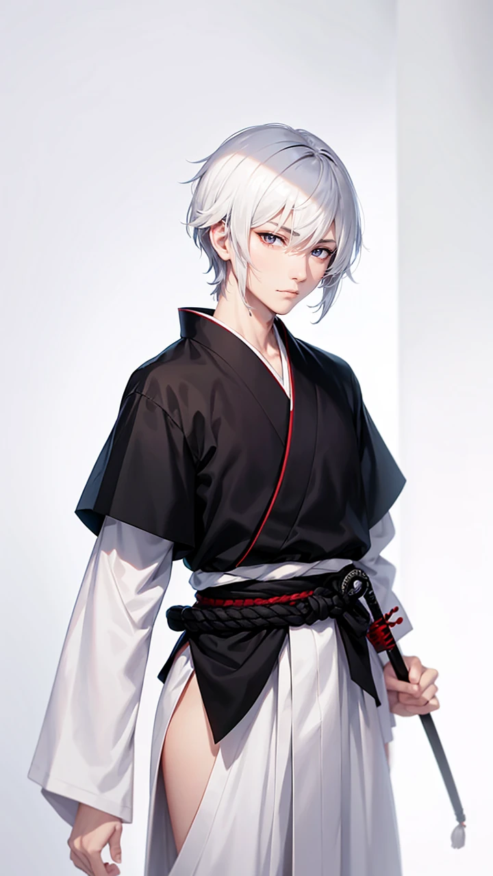 Male with black short hair, white eyes, serious but soft face, withsoft smile, wearing traditional  kinono, weak, samurai