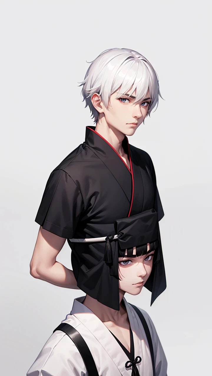 Male with black short hair, white eyes, serious but soft face, withsoft smile, wearing traditional  kinono, weak, samurai