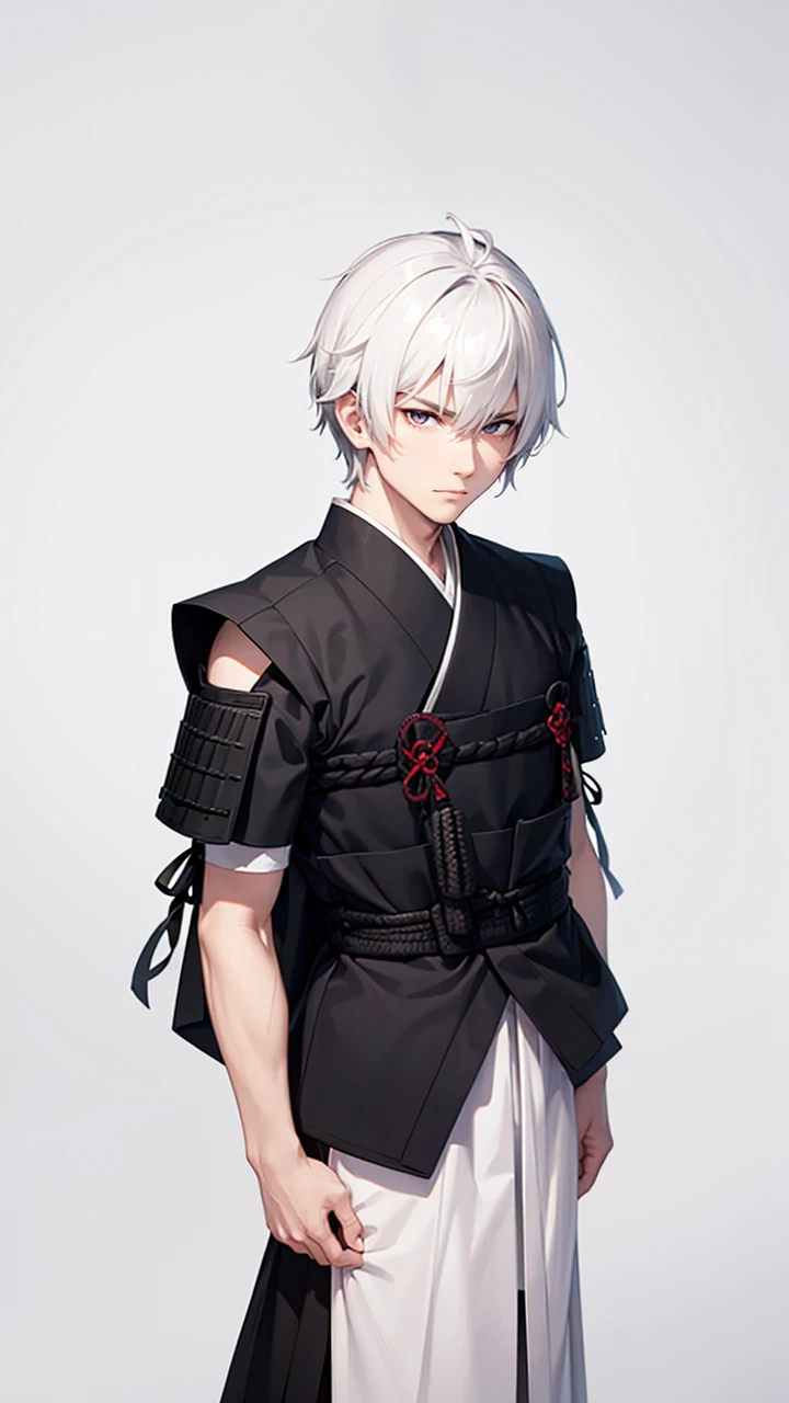 Male with black short hair, white eyes, serious but soft face, withsoft smile, wearing traditional kinono, weak, samurai