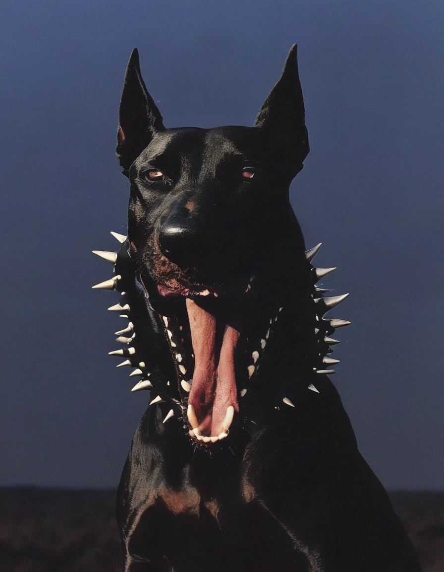 fashion shoot of black doberman with giant teeths all over head, sunrise background