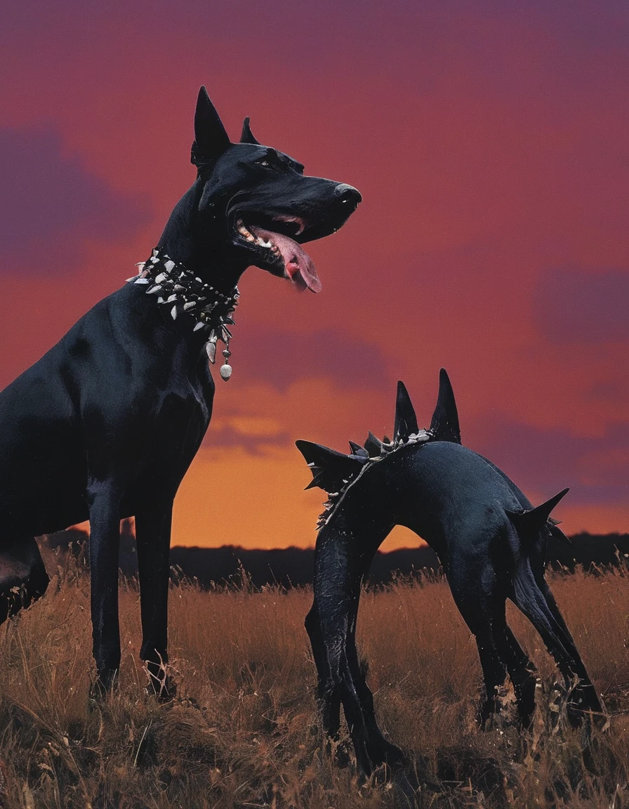 fashion shoot of black doberman with giant teeths all over head, sunrise background