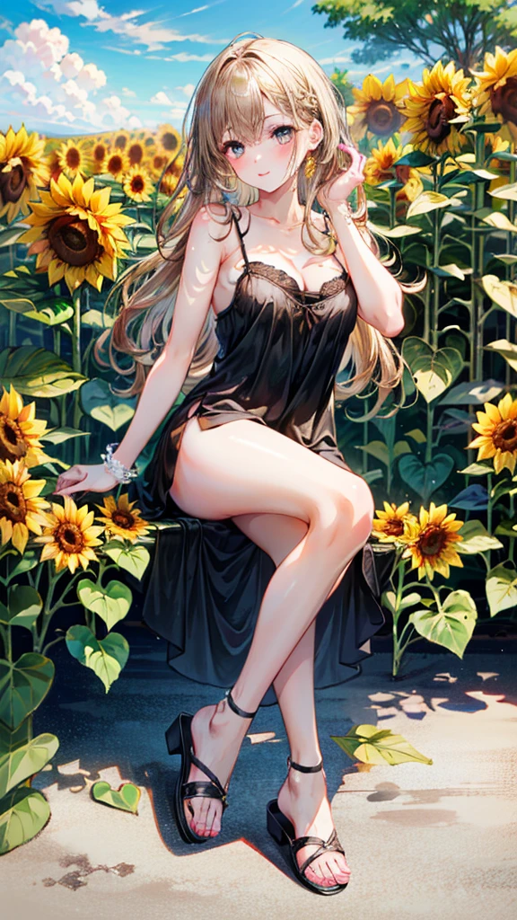 (Best quality, 8k, 32k, Masterpiece, UHD,:1.2),RAW, 1girl,ultra cute , natural lighting,transparent shining eyes, 20yo,medium breast ,fair complexion ,flushed face, giantess,feet in sandals, legs,sunflower color dress,pretty,long brown hair with soft curls of apricot color,avant-garde string camisole dress,braided sandals,The background is a colony of sunflowers,Sunlight sparkling,emphasize pretty feet,golden dark blonde hair,sexy toes,gorgeous feet,realistic beautiful feet