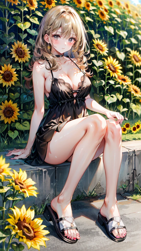 (Best quality, 8k, 32k, Masterpiece, UHD,:1.2),RAW, 1girl,ultra cute , natural lighting,transparent shining eyes, 20yo,medium breast ,fair complexion ,flushed face, giantess,feet in sandals, legs,sunflower color dress,pretty,long brown hair with soft curls of apricot color,avant-garde string camisole dress,braided sandals,The background is a colony of sunflowers,Sunlight sparkling,emphasize pretty feet,golden dark blonde hair,sexy toes,gorgeous feet,realistic beautiful feet