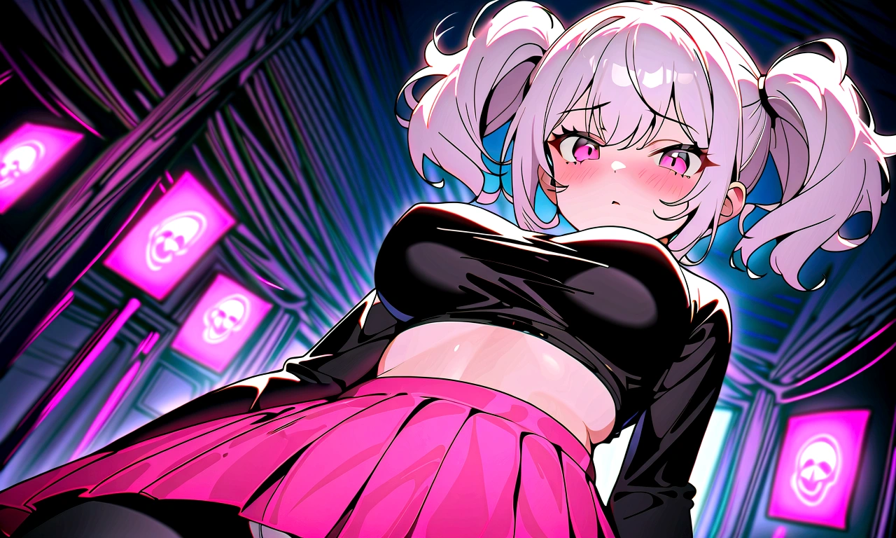 1girl, white hair, short twintails, disgusted, embarassed, creeped out look, pink eyes, wearing plain black shirt, revealing pink skirt, white panties, black leggings, bed, absurdres, high res, ultrasharp, 8K, masterpiece, looking at viewer, no hat, look from below, smooth art