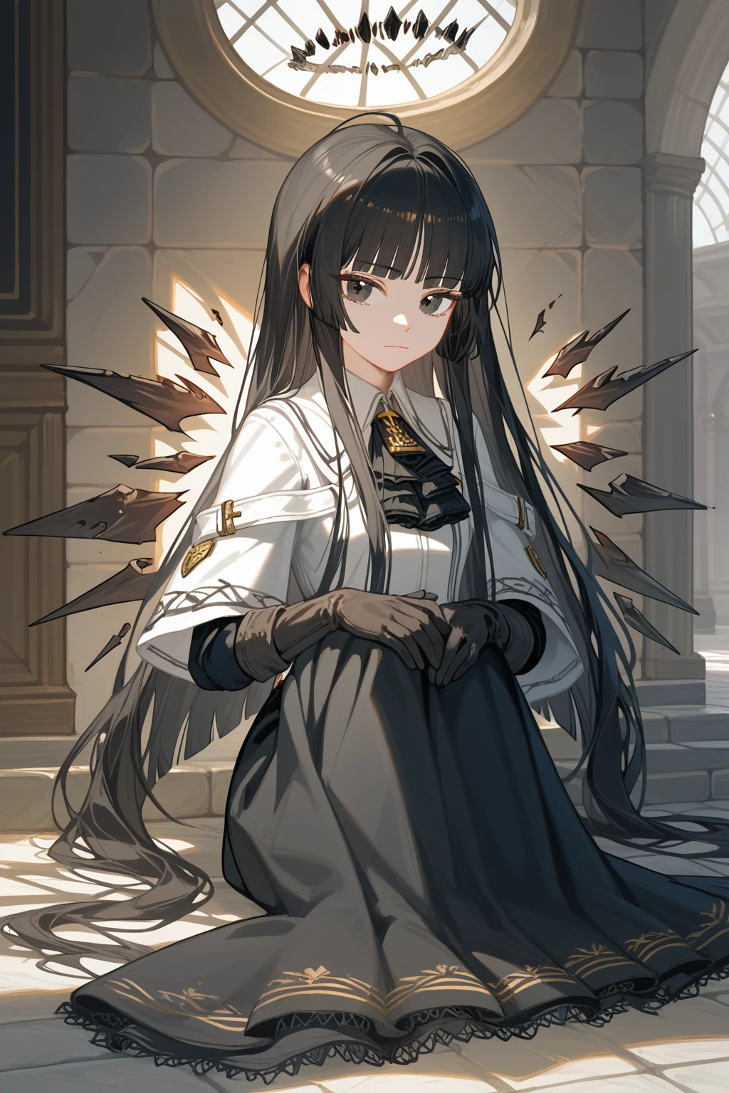 (score_9, score_8_up, score_7_up), 1girl, VirtuosaBase, black eyes, long hair, hime cut, broken halo, black ascot, white shirt, capelet, black sleeves, black gloves, belt, black skirt, energy wings, looking at viewer, small breasts, calm, closed mouth, sitting, hugging own legs, ground level, medieval city hallway, medieval market around, leaning against wall