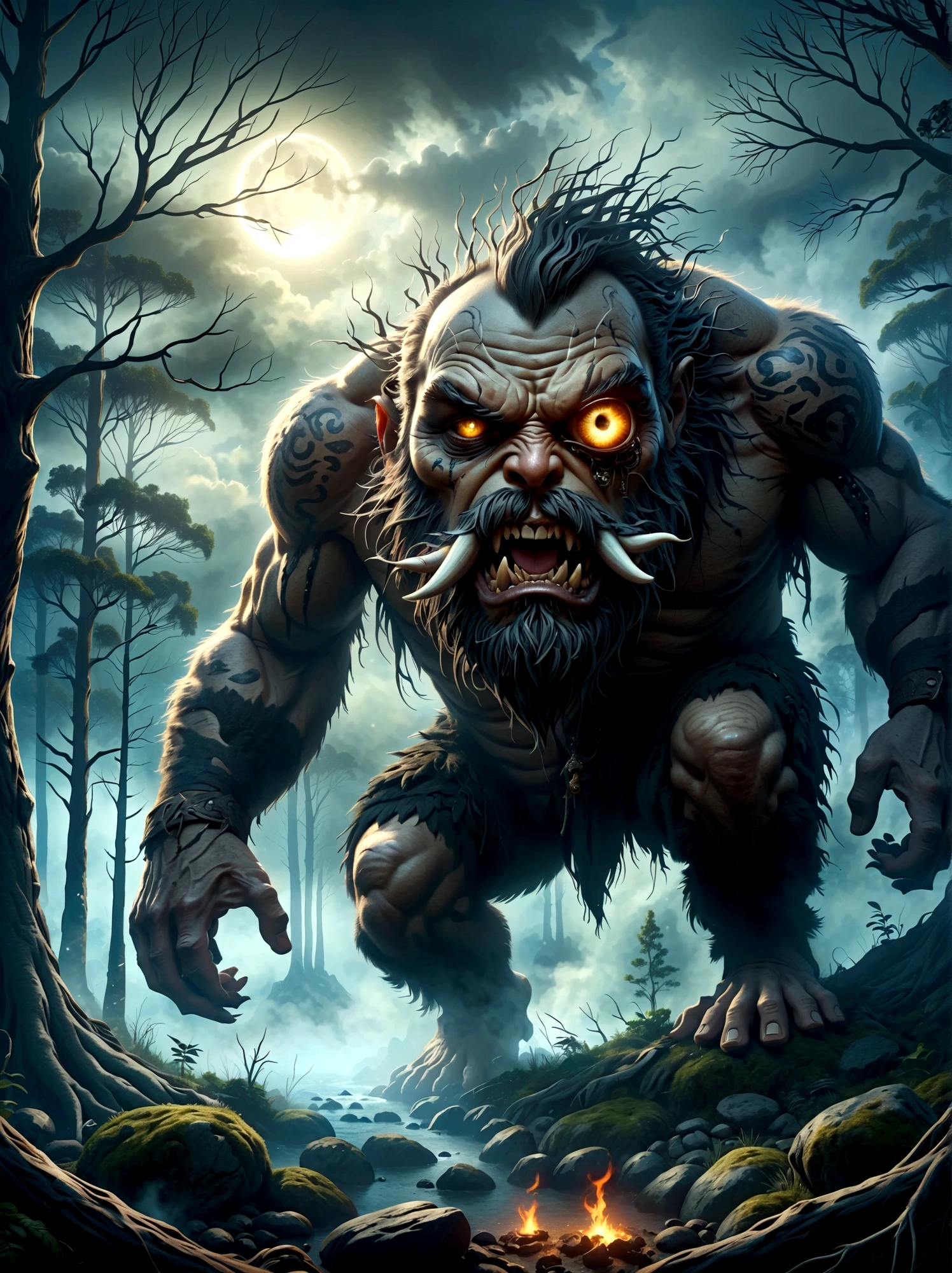 Creatures from Norse mythology，(One-Eyed Giant:1.3)，(The huge single eye is covered by a black eye patch)，(whole body)，Vision，powerful，Wild，Intricate details，forest，Blazing Hell，harsh environment，Fantasy Art，Dark Fantasy, Dramatic lighting，epic，destroy，fear, (Best quality，8k，high resolution，masterpiece:1.2)，Ultra Detailed，(1.4 times more realism）