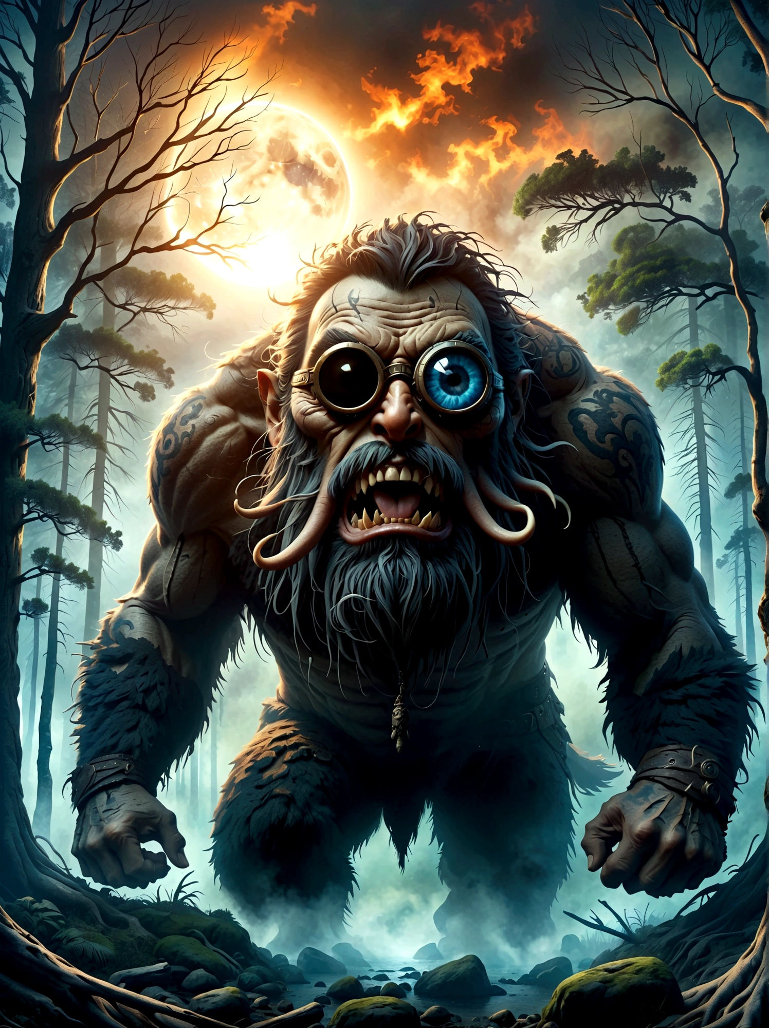 Creatures from Norse mythology，(One-Eyed Giant:1.3)，(The huge single eye is covered by a black eye patch)，(whole body)，Vision，powerful，Wild，Intricate details，forest，Blazing Hell，harsh environment，Fantasy Art，Dark Fantasy, Dramatic lighting，epic，destroy，fear, (Best quality，8k，high resolution，masterpiece:1.2)，Ultra Detailed，(1.4 times more realism）