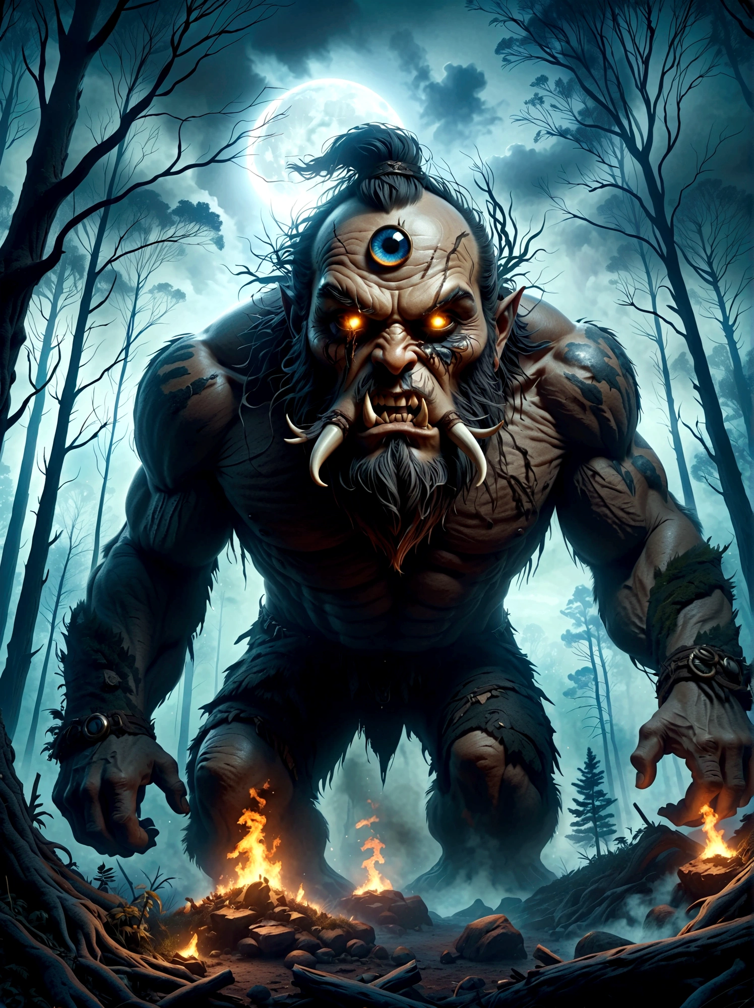 Creatures from Norse mythology，(One-Eyed Giant:1.3)，(The huge single eye is covered by a black eye patch)，(whole body)，Vision，powerful，Wild，Intricate details，forest，Blazing Hell，harsh environment，Fantasy Art，Dark Fantasy, Dramatic lighting，epic，destroy，fear, (Best quality，8k，high resolution，masterpiece:1.2)，Ultra Detailed，(1.4 times more realism）